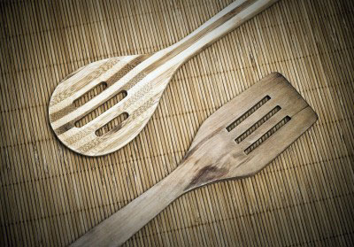 bamboo serving spoons on bamboo placemat